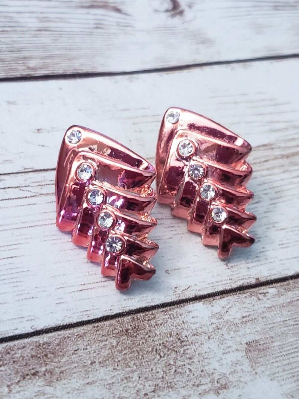 Vintage Clip On Earrings Pink & Clear Gem Fish Bone Design - Repair Needed